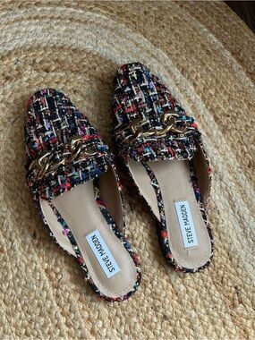 8 Steve Madden Multicolor Tweed Chain-Trim Mules